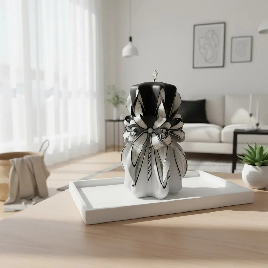 Black & White Pearl Bow Hand-Carved Pillar Candle