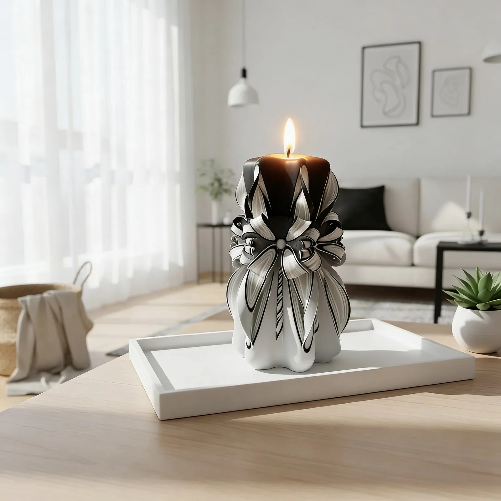 Black & White Pearl Bow Hand-Carved Pillar Candle lit scene