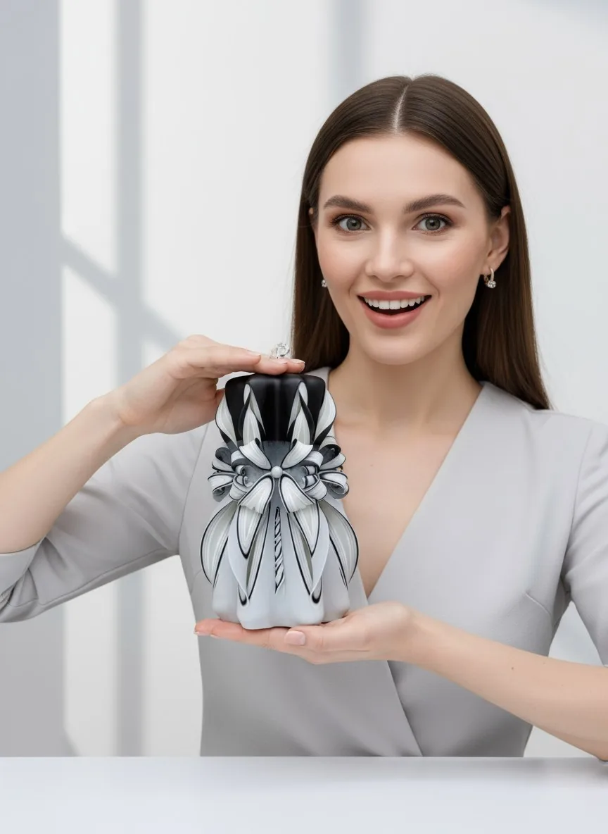 Black & White Pearl Bow Hand-Carved Pillar Candle hand-held scale view