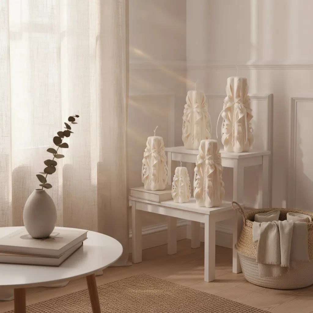 Bow detail carved candle lifestyle display