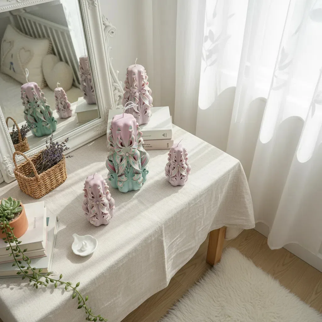 German carved candle family collection on table