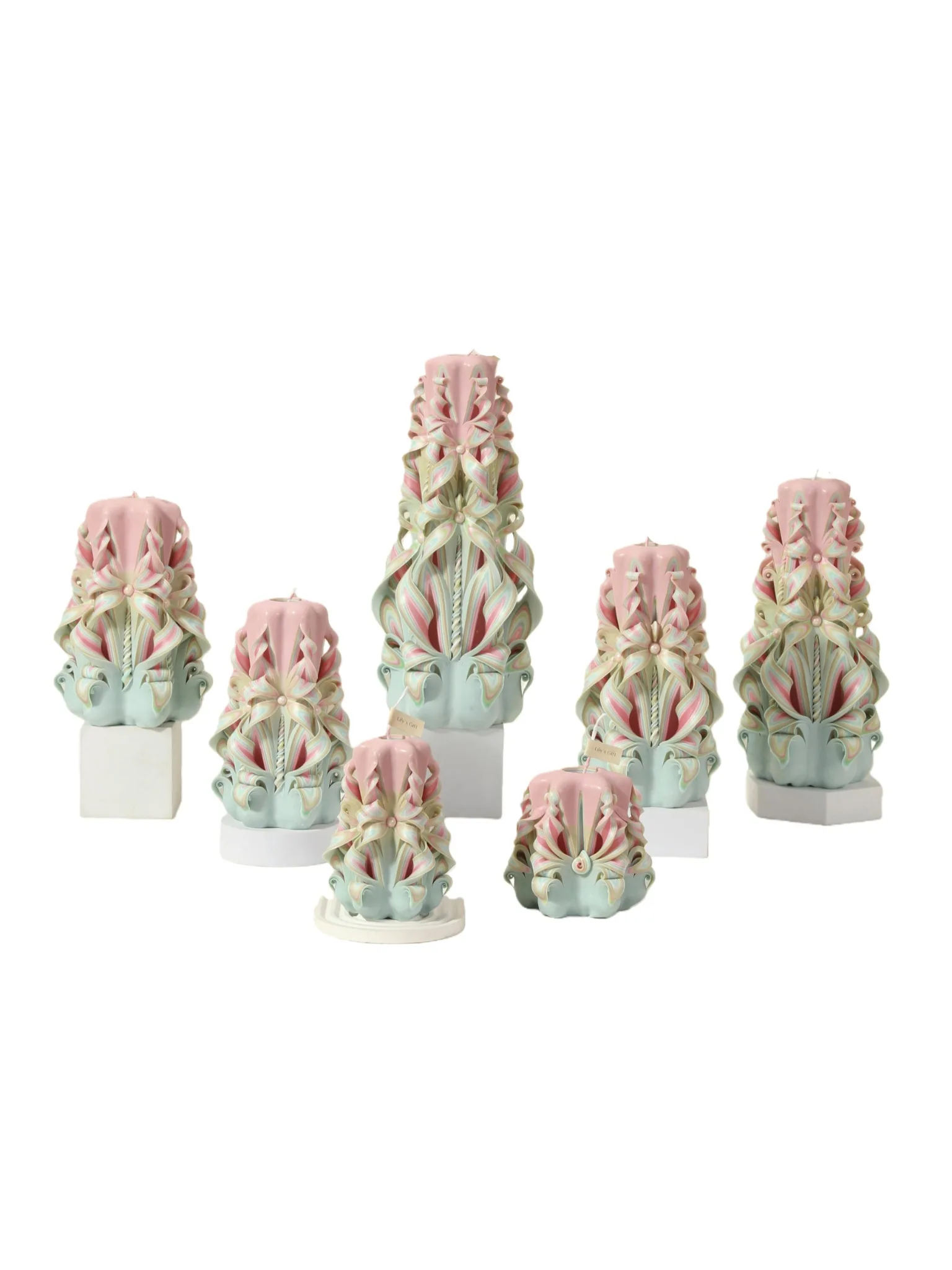 Hand-carved pillar candles for boutique display and gifting