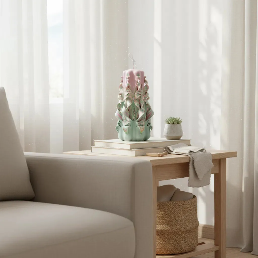 German carved candle displayed in home decor setting