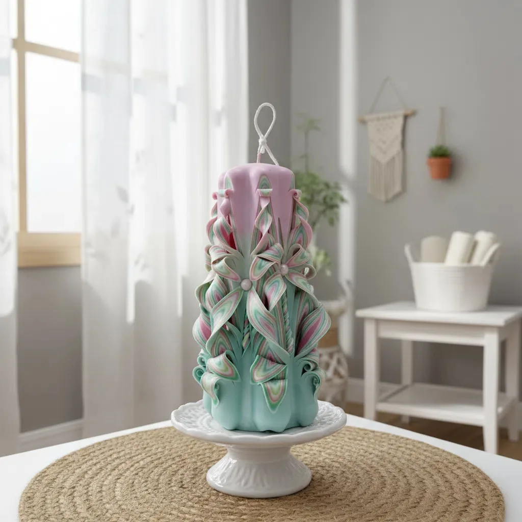 German carved pillar candle front view