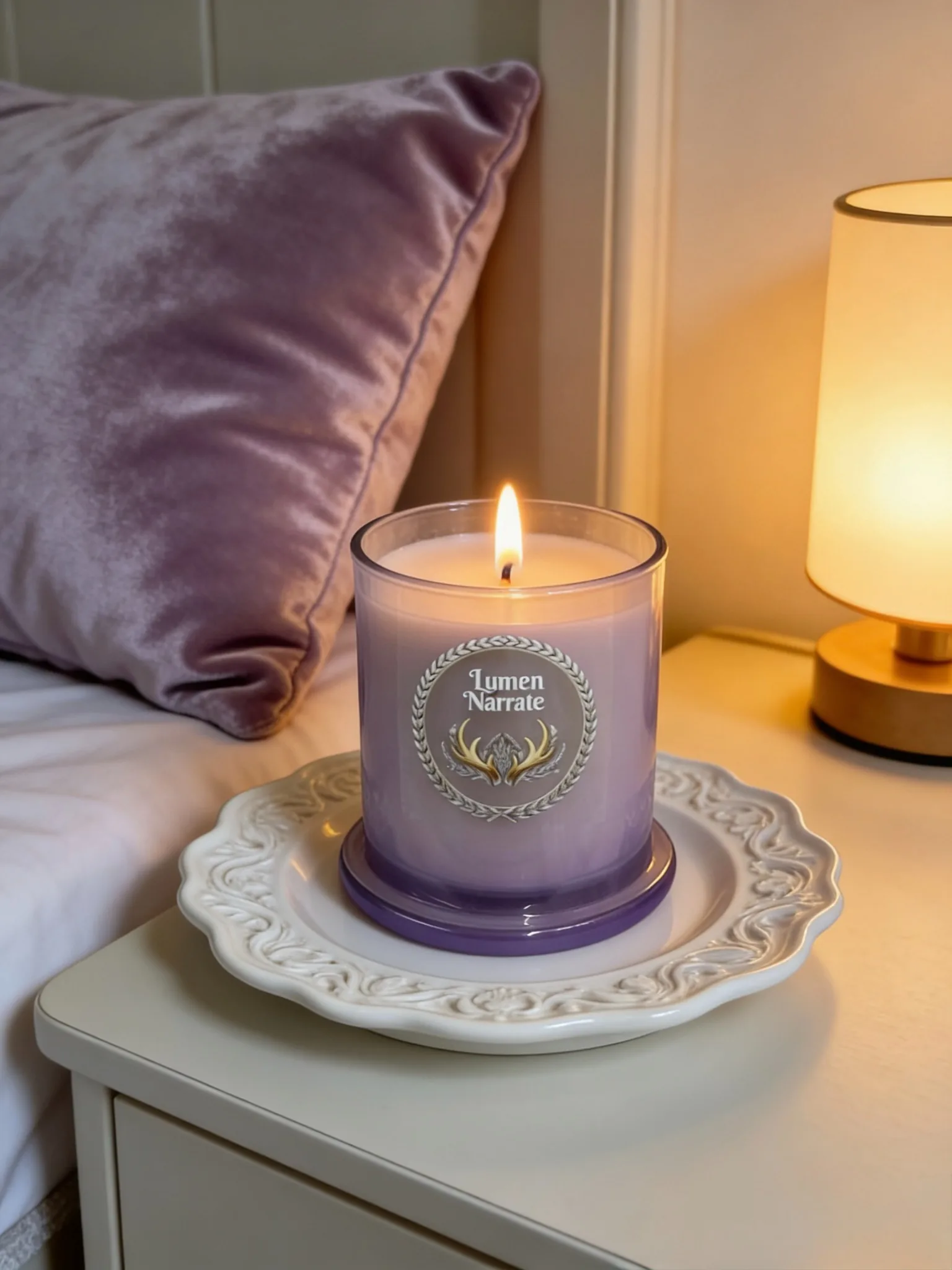 Golden Shield purple candle under glass cloche