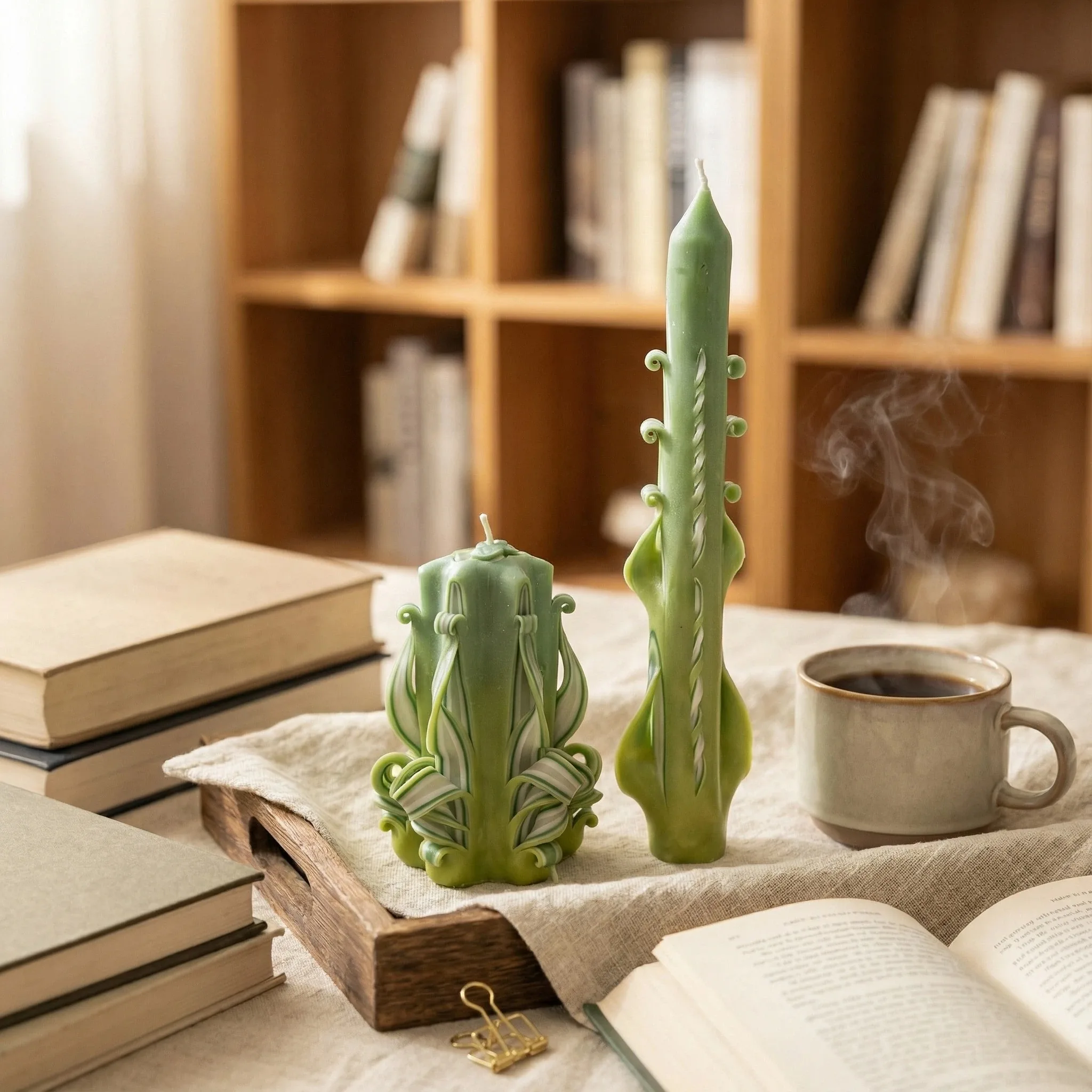 Hand-carved candle duo set lifestyle styling