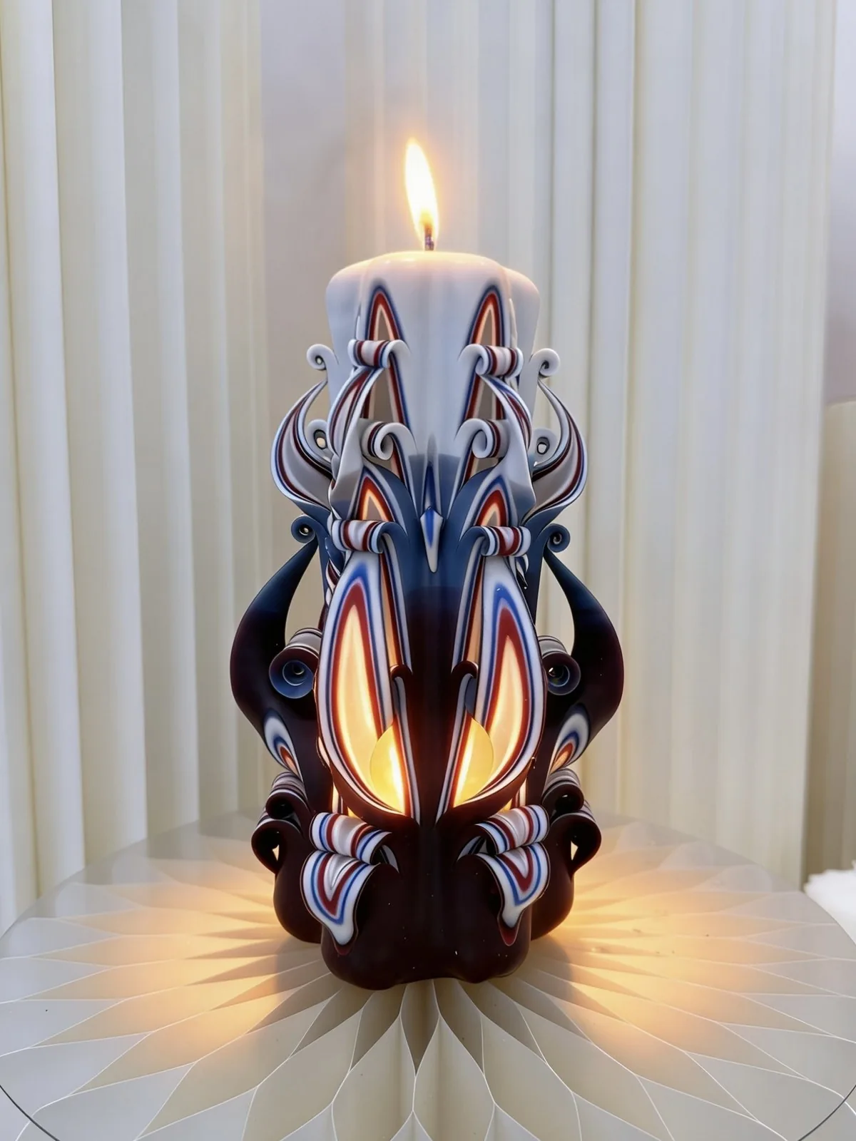 Layered Tricolor Hand-Carved Pillar Candle