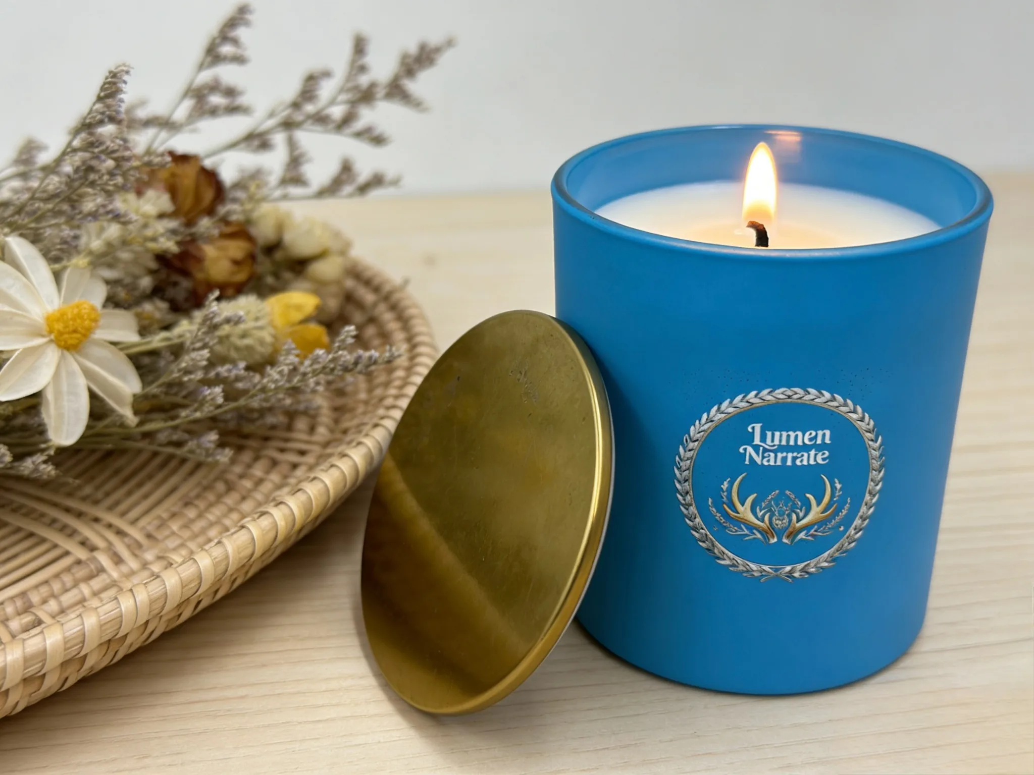 Matte blue glass candle close-up