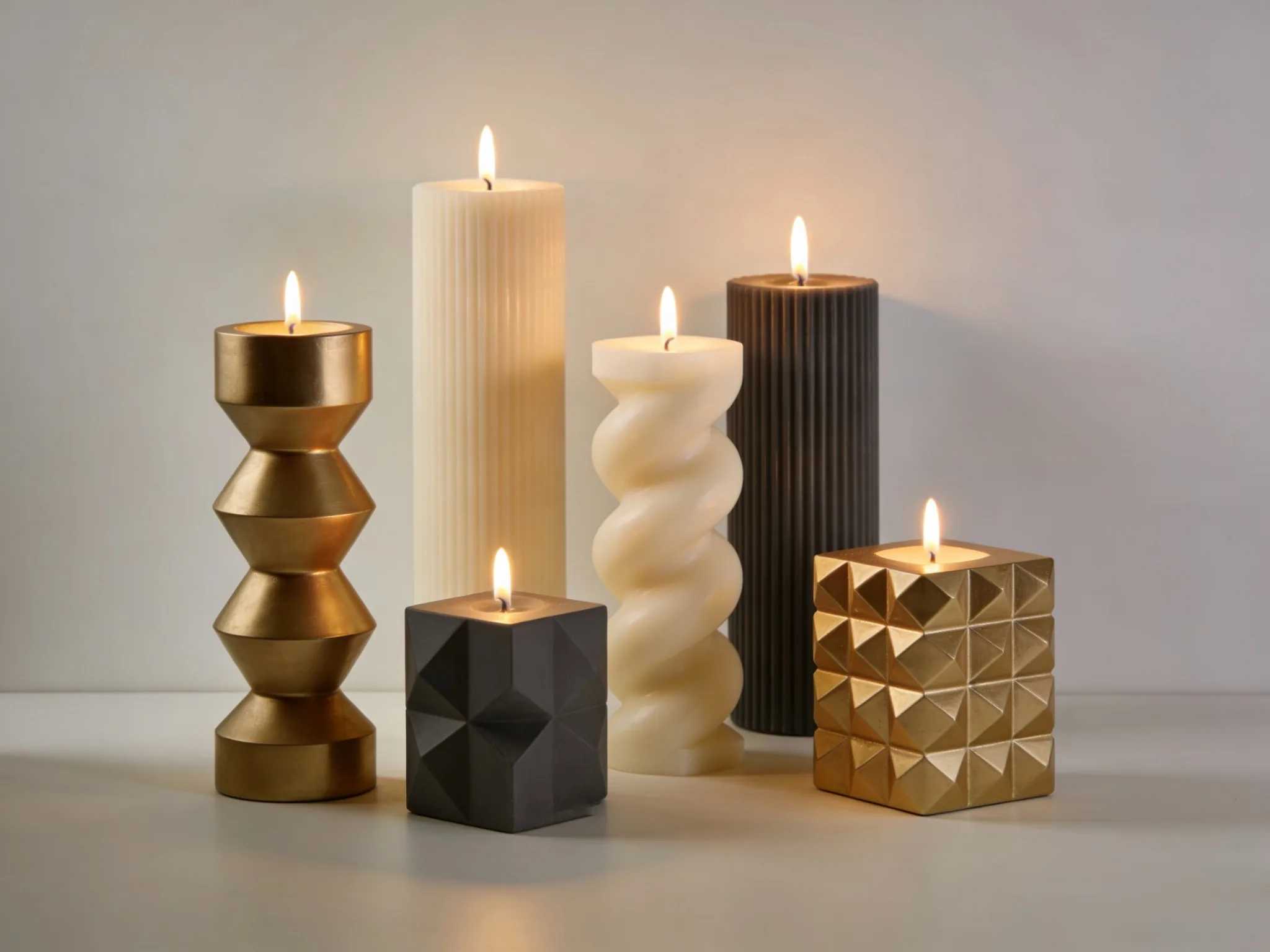 Modern sculptural candle display scene