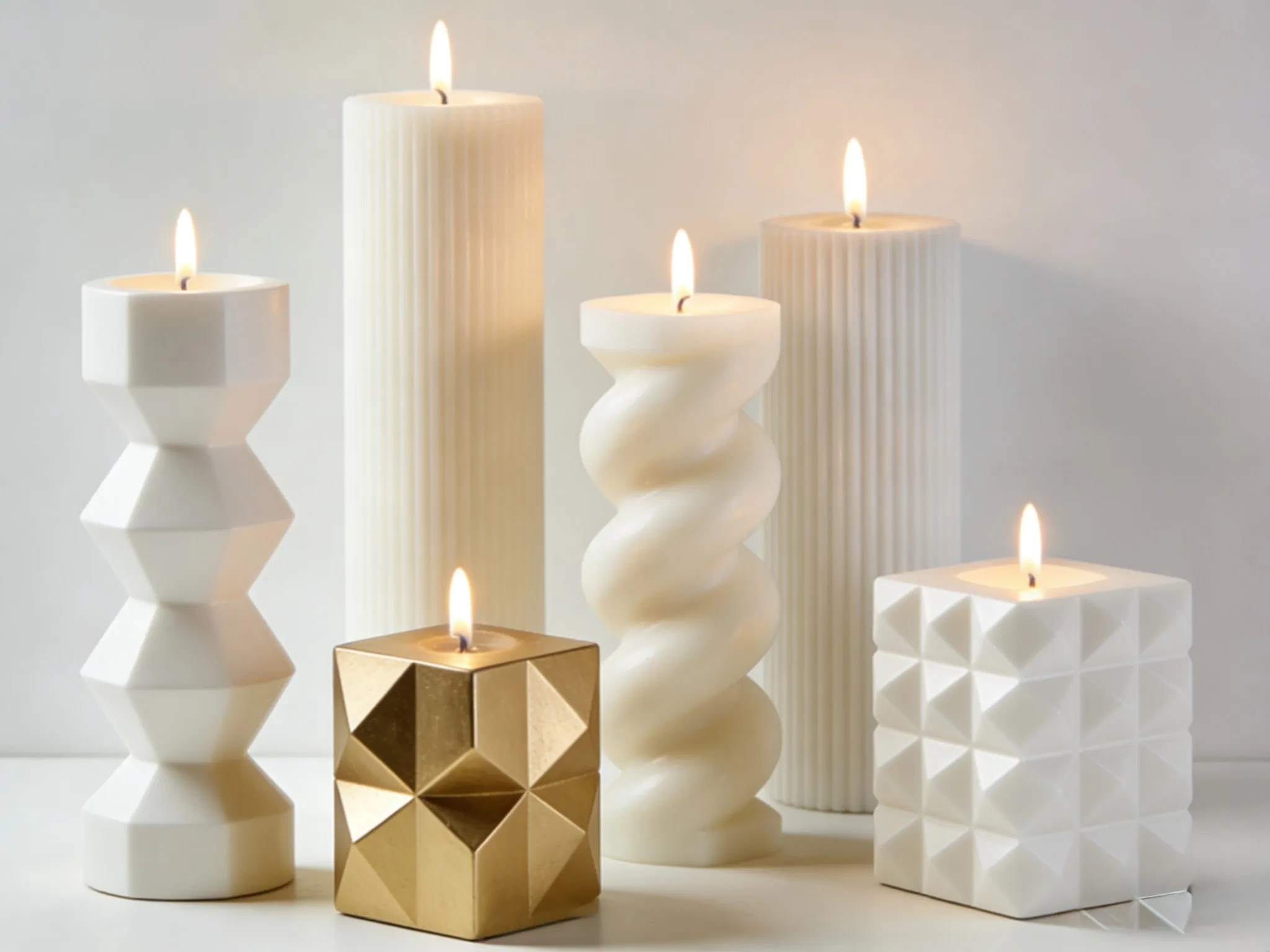 White and gold sculptural candles